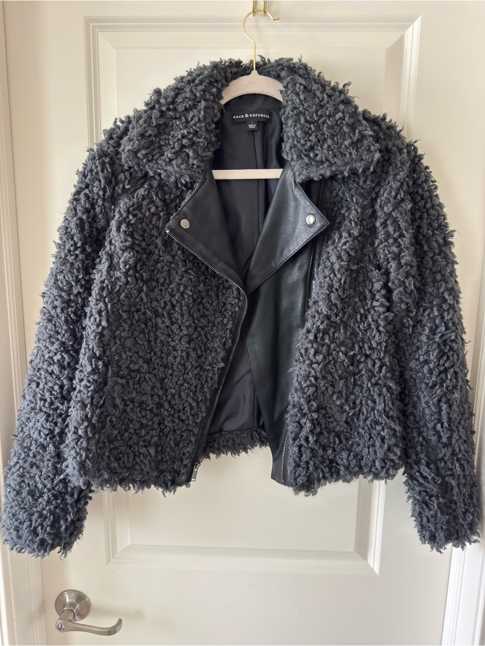 Rock & Republic Charcoal Gray Faux Shearling Moto Jacket